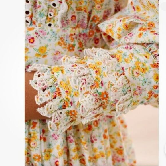 byTiMo Cotton Slub Mini Dress Floral Print Eyelet Lace Flower Garden in Medium - Picture 7 of 11
